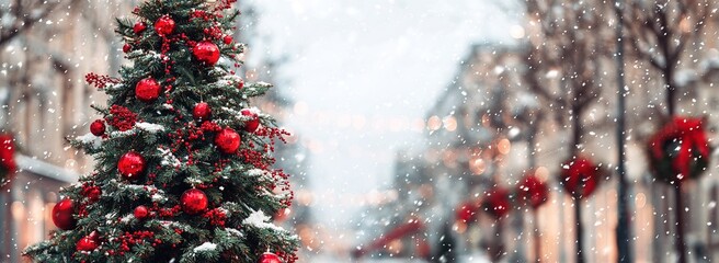 Christmas tree in snowy decorated city street, festive winter holiday scene