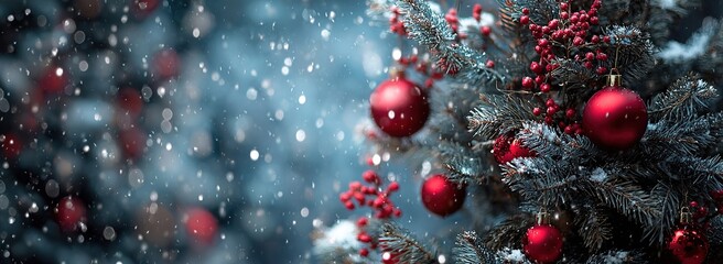 Snowy Christmas tree with red baubles and holiday decorations, festive winter background