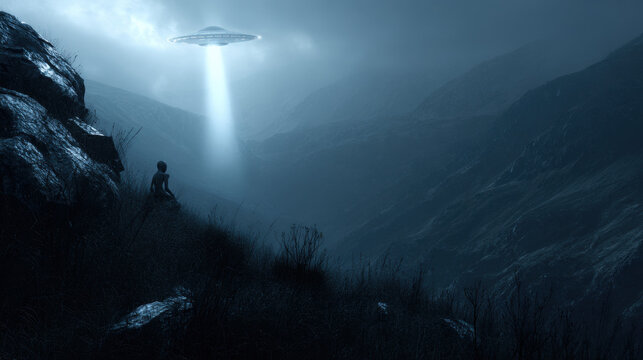 Alien creature observing UFO in dark hillside with glowing light. Extraterrestrial encounter and horror theme concept for fantasy design. - Powered by Adobe