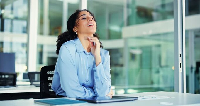 Laptop, thinking and business woman in office with financial solution, typing or idea on break. Computer, smile and investment advisor with thoughts for planning, vision or insight with complete task