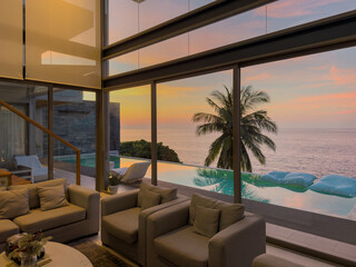 View from luxury villa at sunset, sun loungers for sunbathing, umbrellas from the sun, pillows for swimming in the pool, palm tree on background