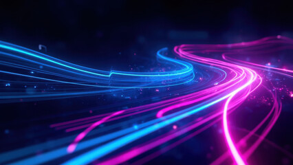 Abstract neon light trails in blue and pink against a dark background