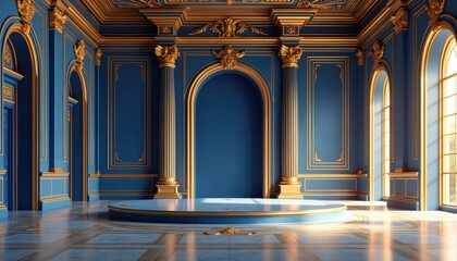 Grand royal blue, gold interior room. Classic architectural design features ornate columns, multiple arches, central stage platform. Elegant, luxurious palace style setting with sunlight streaming