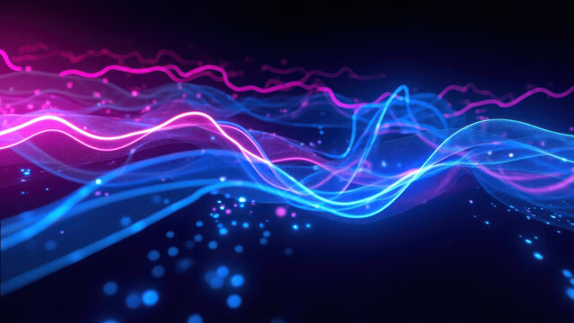 Abstract digital waves in vibrant blue and pink colors on a dark background - Powered by Adobe