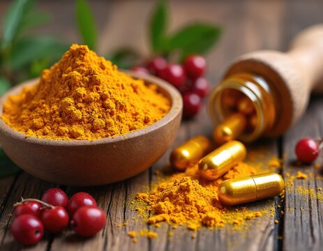 Golden turmeric powder in wooden bowl with red berries. Capsules of barberry and turmeric spilled from jar on rustic table. Natural herbal supplements.