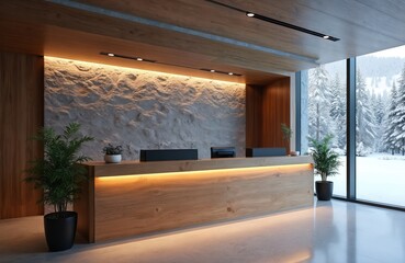 Naklejka premium Modern hotel reception desk with wood accents and textured stone wall. Large window shows snowy forest landscape outside. Plants add natural touch to elegant interior design.