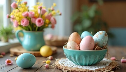 Easter table decoration with pastel eggs in bowl, pink yellow flower bouquet in teal vase on wooden table. Spring holiday meal setup, festive greeting card.