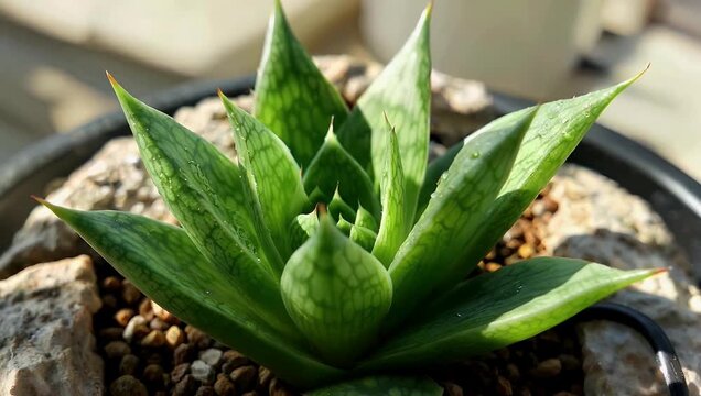 Crisp 4K close up showcasing vibrant green succulent plant with sharply pointed leaves intricate geometric patterns and soft natural lighting ideal for nature wellness minimal decor and botanical