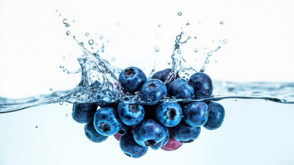 Fresh blueberries splashing into water against a clean white background