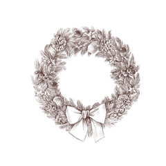 Pencil drawing Christmas Wreath. Hand Drawn Retro Vintage illustration. Line Art, black outline.