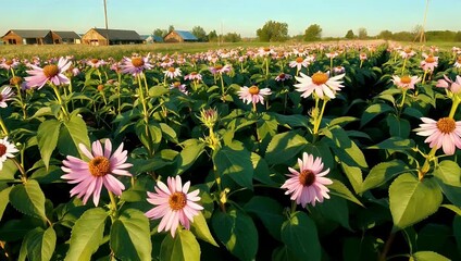 Aerial 4K close up footage showing rows of flowering tobacco plants glowing under warm sunlight capturing agricultural textures and organic beauty in region known for traditional farming
