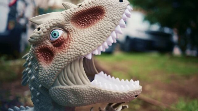 Close up shot of a textured dinosaur toy outdoors in a park