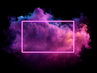 Pink neon light and smoke banner with rectangle in the middle on black background