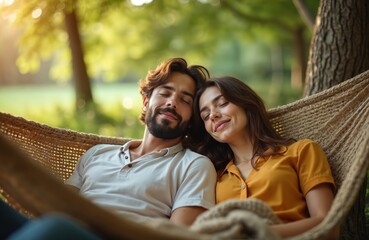 Couple rests together in woven hammock among green trees. Sun shines warmly on them as they close eyes enjoying peaceful nature. Young man and woman share quiet happy moment outdoors on bright day.
