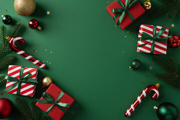 Colorful Christmas scene featuring wrapped gifts, candy canes, and ornaments arranged on a green...