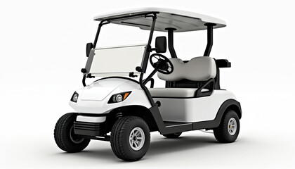 Modern white golf cart isolated on white background. Electric vehicle for golf courses and resorts. Clean design, comfortable seating, and efficient transport solution for players.