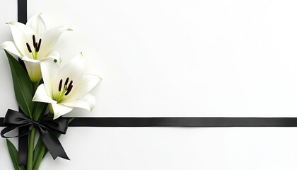 White lilies with black ribbon on white background. Offers space for text. For funeral, memorial, or obituary notices. Symbols of peace and remembrance.