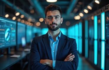 Naklejka premium Young pro man in suit stands arms crossed in modern server room. Futuristic tech office with glowing blue lights and computer screens showing data.