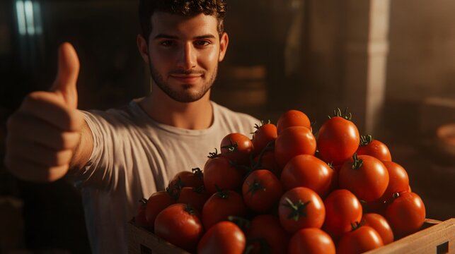 Youthful man displaying harvest of ripe tomatoes
