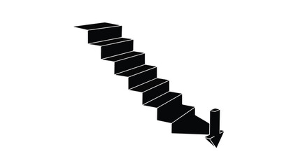 Black descending staircase with downward arrow on white background, symbolizing decline or decrease in business, health, or progress