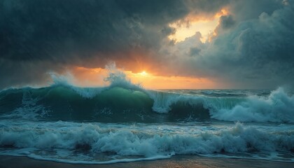 Fototapeta premium Huge ocean wave crashes ashore under dark stormy clouds. Sun peeks through orange clouds at sunset illuminating dramatic sea. Powerful water motion.
