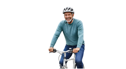 A smiling person enjoying outdoor sports (e.g., cycling), with an expression of exhilaration and freedom