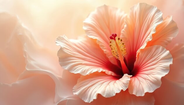 Macro shot of pink hibiscus flower center and petals in soft light. Delicate bloom reveals intricate stamen and pistil details. Gentle floral background blends into soft focus.