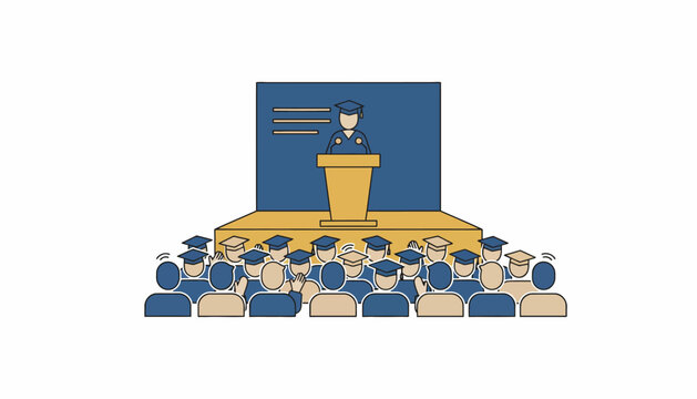 A traditional valedictorian speech being delivered on a stage with an audience attentively listening and applauding.