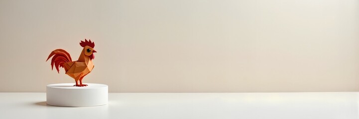 Whimsical origami rooster figurine showcasing playful elegance on a minimalist pedestal against a soft pastel backdrop, corporate-friendly concept of branding and advertising.
