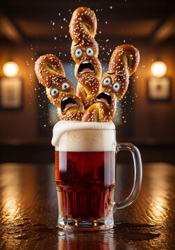 Naklejki Scared anthropomorphic pretzel characters drowning in a mug of beer. A funny and surreal food concept in a pub setting for Oktoberfest