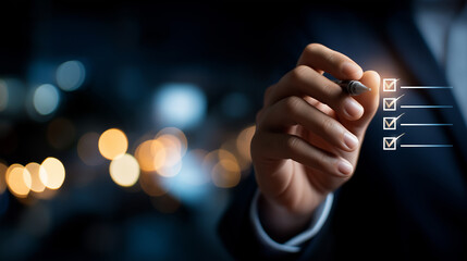 Faceless businessman hand marking checklist interface loading progress bar display task tracking concept project development monitoring management workflow visualization