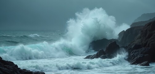 Huge ocean waves crash against dark rocky cliffs. Turbulent sea spray creates white foam against a stormy, overcast sky. Powerful water movement shows natures raw force.