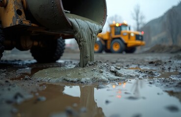 Wet cement pours from construction vehicle onto muddy ground, creating puddles. Yellow heavy machinery works in background at building site, progressing infrastructure development. Wet earth, raw