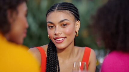 Smiling young woman with braided hair enjoying an outdoor golden hour with friends, showcasing joy and authentic lifestyle.