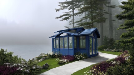 Blue cabin near lake and forest day scene architectural design outdoor concept
