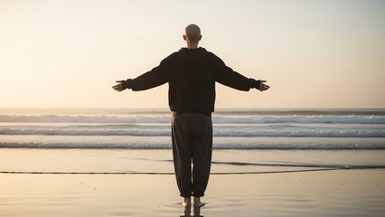 Man standing on beach facing ocean at sunset
