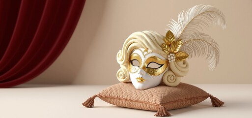 Elegant Venetian masquerade mask with feathers on a cushion. Mardi Gras carnival celebration or mystery ball. Traditional costume party invitation with copy space
