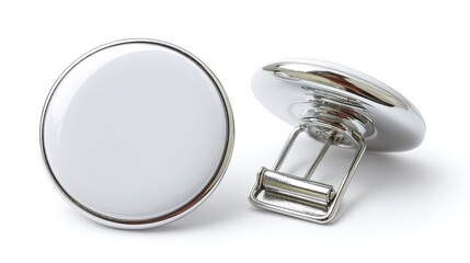 Shiny silver cufflinks with blank white circular faces for design