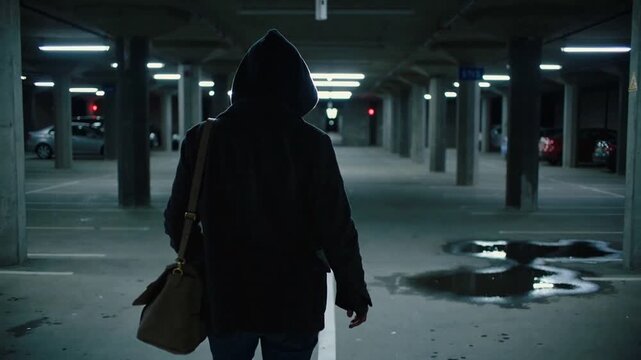 Silhouette encapuchonn&eacute;e dans un parking sombre
