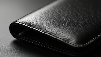 Close-up of a black leather billfold lies on dark surface. The wallet displays fine stitching and textured material. It suggests luxury and sophistication for mens style.