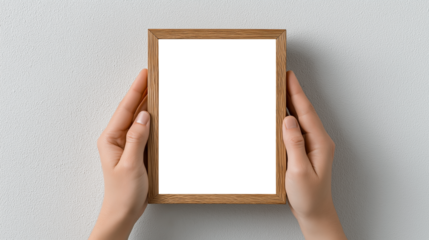 Minimalist wooden frame mockup with transparent center, held by hands against a light textured wall. Perfect for showcasing artwork, posters, prints or branding.