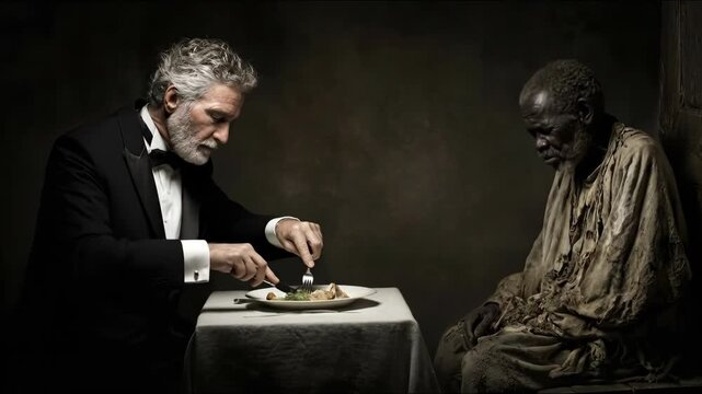 Caucasian man in tuxedo eating while african american man sits impoverished, showing global poverty and inequality