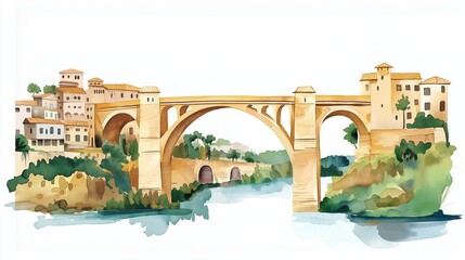 Constantine Bridge City. Constantine Bridge City hand drawn watercolor illustration on white background