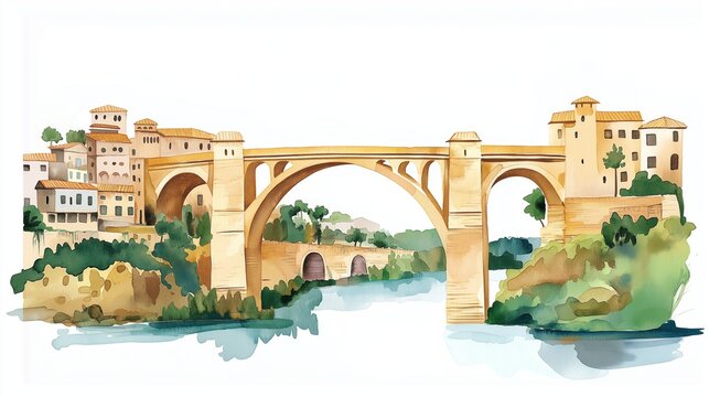 Constantine Bridge City. Constantine Bridge City hand drawn watercolor illustration on white background
