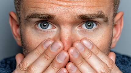 A close-up portrait of a man covering his mouth with both hands, showcasing his expressive blue eyes and a look of surprise or concern.