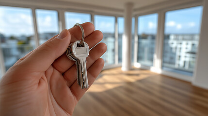 A hand holds a set of keys, poised in an empty room with large windows and wooden flooring, symbolizing new beginnings and fresh opportunities.