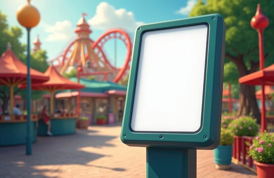 Blank screen kiosk in theme park near roller coaster. Outdoor display shows map or info. People walk past amusement park attractions and red tents on sunny day.