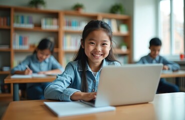 Asian schoolgirl smiles using laptop at desk in library. Other students study nearby with books on shelves. Digital learning and research concept for kids education.