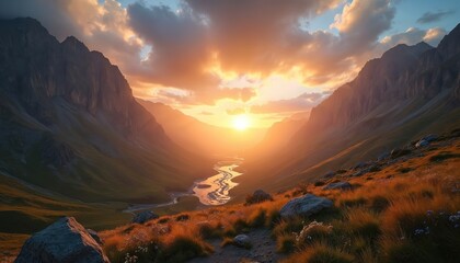 Golden sun sets over a winding river in a deep mountain valley. Rich green grass and rocky slopes catch the warm, radiant light. Dramatic clouds fill the sky above rugged peaks.
