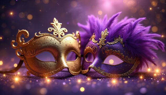 Two ornate masquerade masks, one gold and one purple with feathers, sit on a sparkling purple surface. Golden stars twinkle in the soft bokeh background, suggesting a festive celebration event. - Powered by Adobe